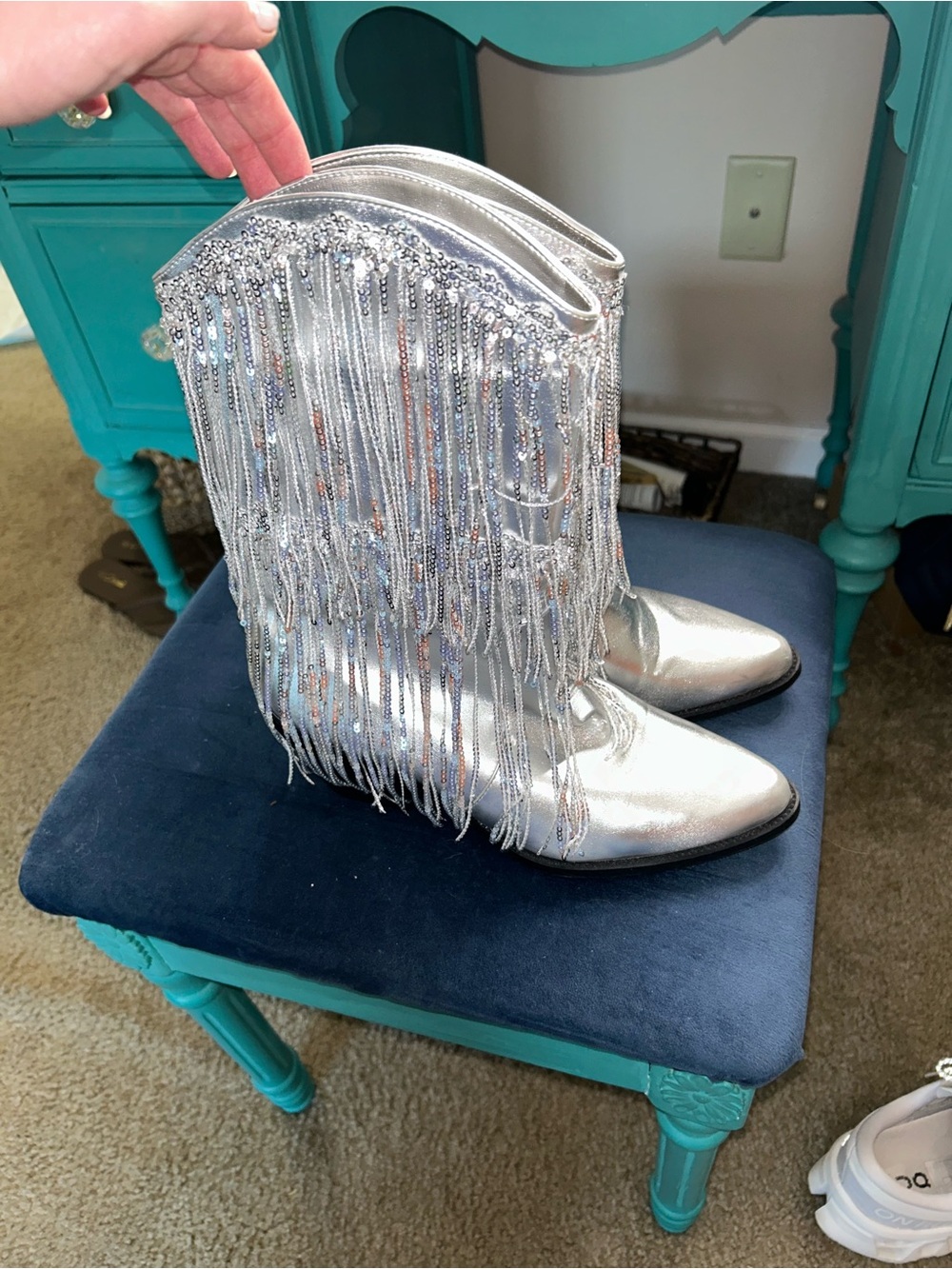 Silver Metallic Fringe Cowboy Boots